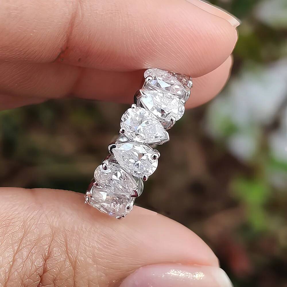 Waterdrop Moissanite Eternity Band Pear Cut Full Diamond Wedding Rings with GRA S925 Silver Stackable Wedding Ring for Women Men