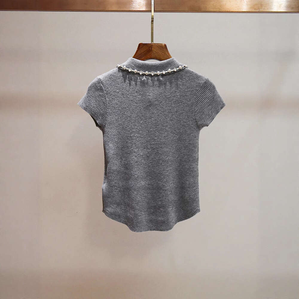 High-End Women's Summer New Age-Reducing Style Beaded Turn-Down Collar Curved Design Short-Sleeve Knitted Top For Women