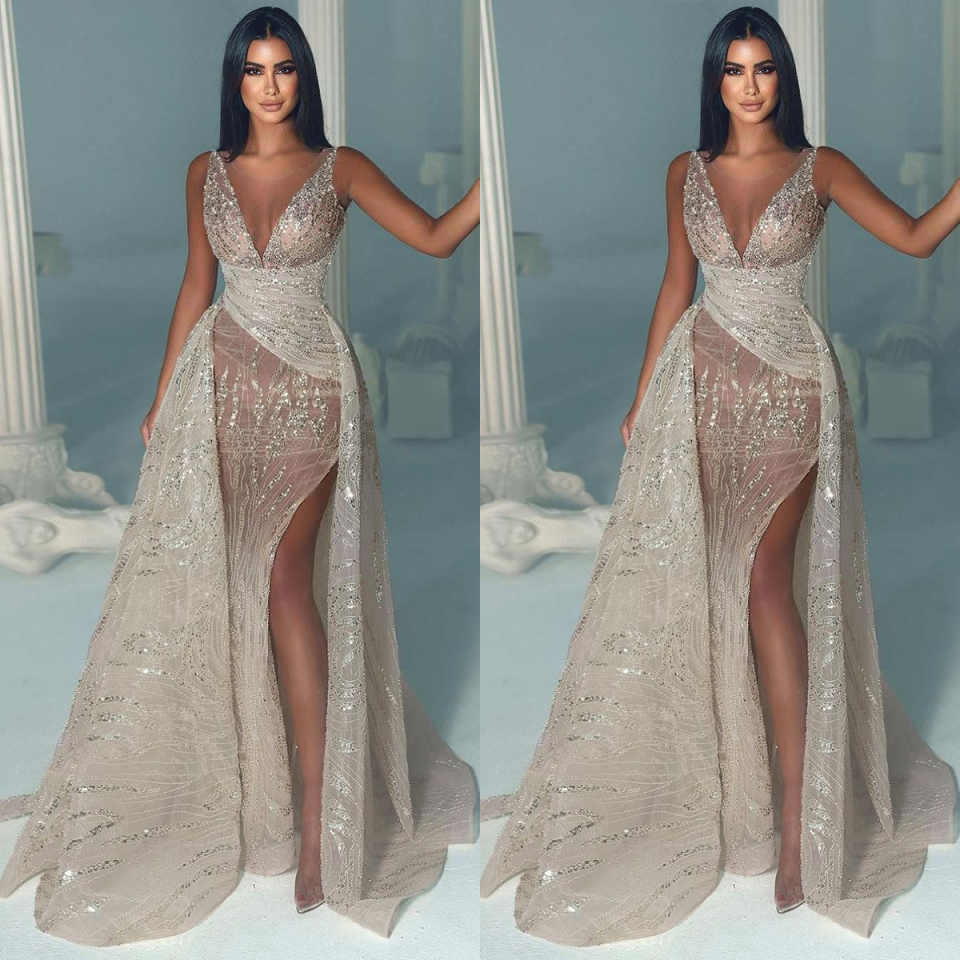 Sparkly A Line Women Wedding Dress Sheer V Neck Sleeveless Bridal Gowns Sequins Split Side Detachable Train Dress Customized vestidos de novia