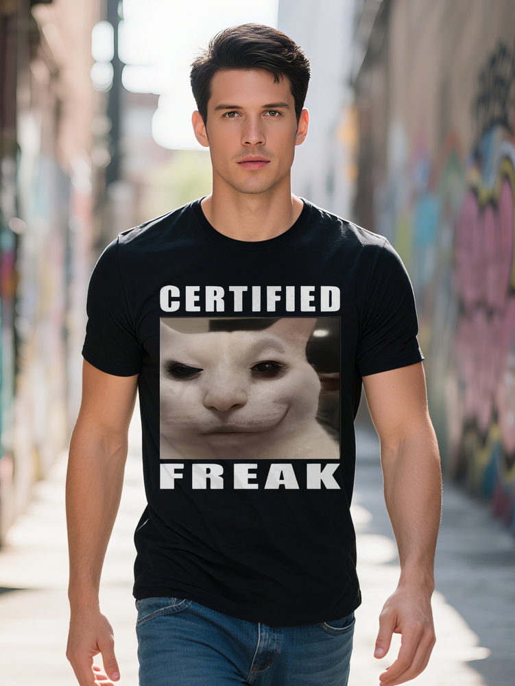 Men S Casual Crew Neck T Shirt with Certified Freak Print White Cat Design Black Short Sleeve Tee Lightweight Blend