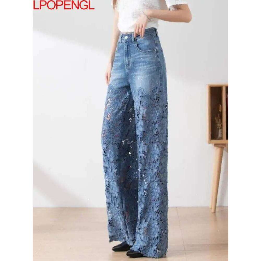 High-waisted Wide-leg Jeans Women's Fall 2023 Fashion Temperament Versatile Wisps Of Hollow Lace Panels Denim Draped Pants