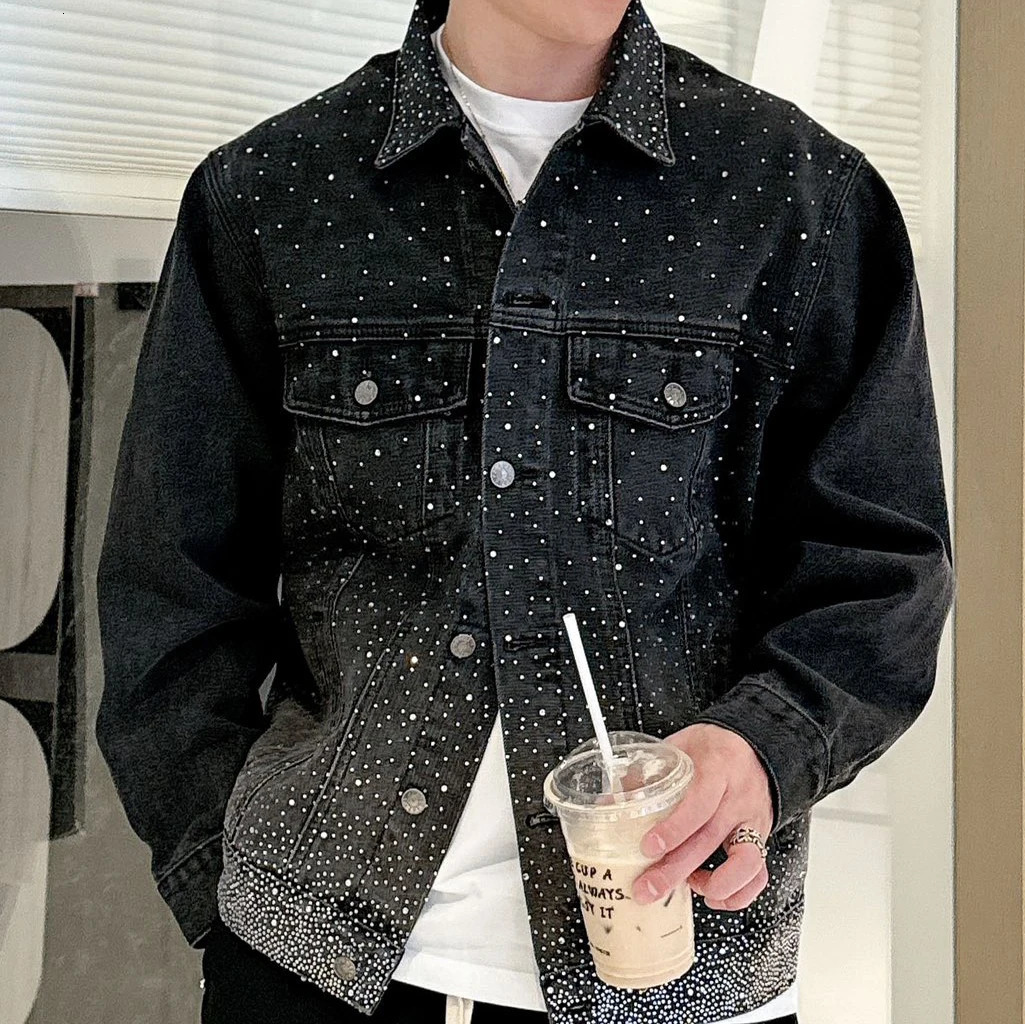 Spring Casual Hip Hop Rhinestones Denim Jacket Fashion Drilling Men Denim Slim Fit Bomber Jacket Men Black Denim Jacket 250811