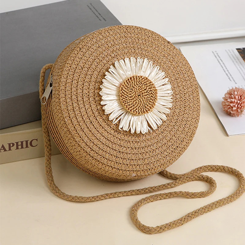 Travel Beach Straw Bags for Girl Summer Cute Flower Woven Crossbody Bags Mini Zipper Kids Princess Messenger Bags Po Props 250813