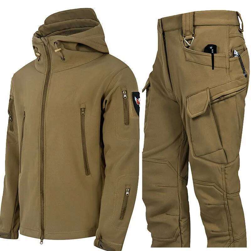 Men's Outdoor Hiking Work Travel Plus Veet Waterproof Tactical Jacket Pants Set