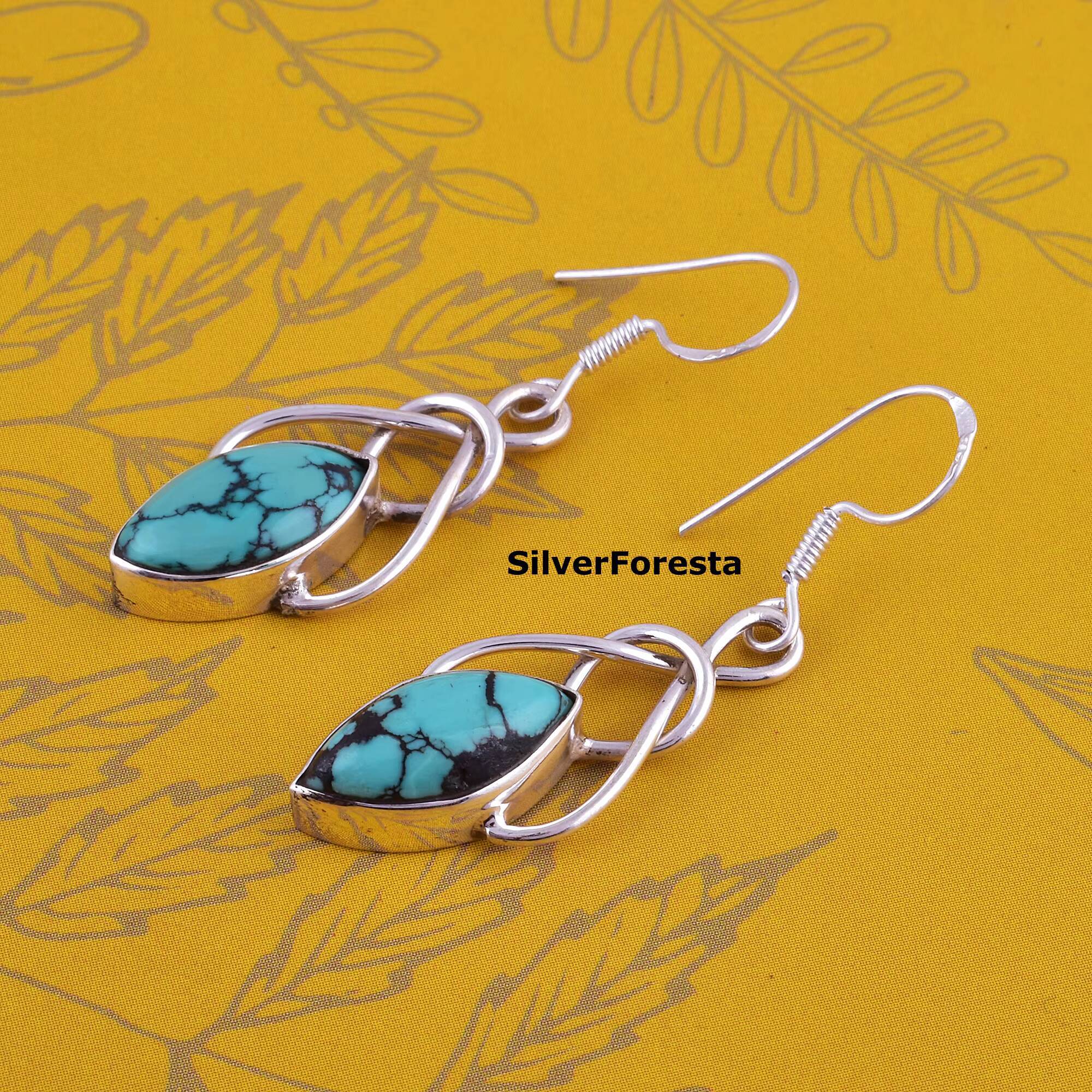 Bohemian Turquoise Ethnic Pendant for Women and Girls, Exaggerated Geometric Blue Natural Stone Earrings