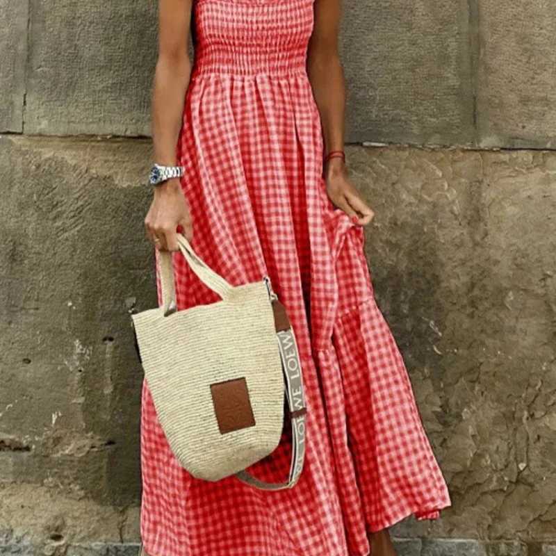 100% Plaid Slip Maxi Long Dress Summer Women Strapless Ruffle Backless Pleated Elastic Waist Boho Party Swing Loose Dresses XJ250814