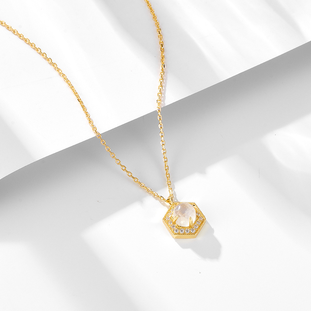 Ins Style Simple Geometric Hexagon Natural Moonstone Pendant Necklace for Women High-end Clavicle Chain