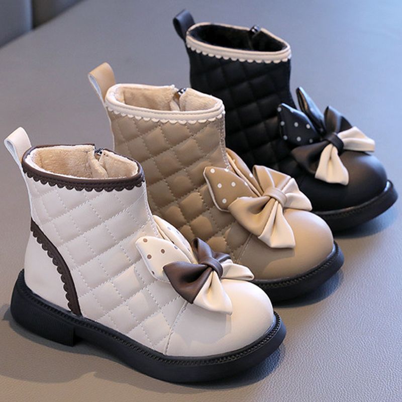 New Toddler Winter Shoes Girls Ankle Boots Bow Grid Booties Princess Cute Snow Boots Kidsnest Kids PU Leather Dress Shoes Sizes US7C-US4Y