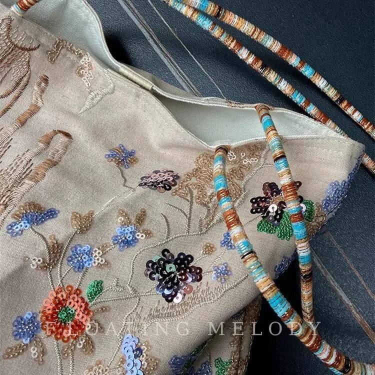 Flower Printed Women's Shoulder Bags Fashion Shopping Large Capacity Handbag Student Girls Bead Embroidered Tote high-quality