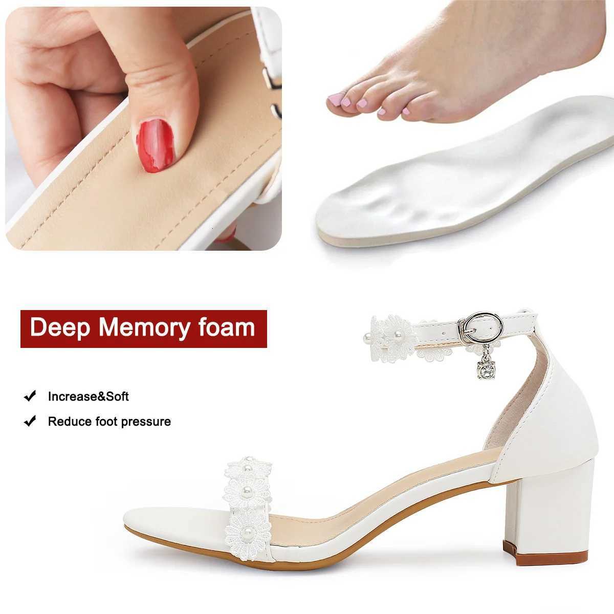 Womens Block Heel Sandals Faux Pearls Decor Flowers Ankle Strap Round Toe Elegant Chunky Heels Minimalist Banquet Wedding Shoes W250814
