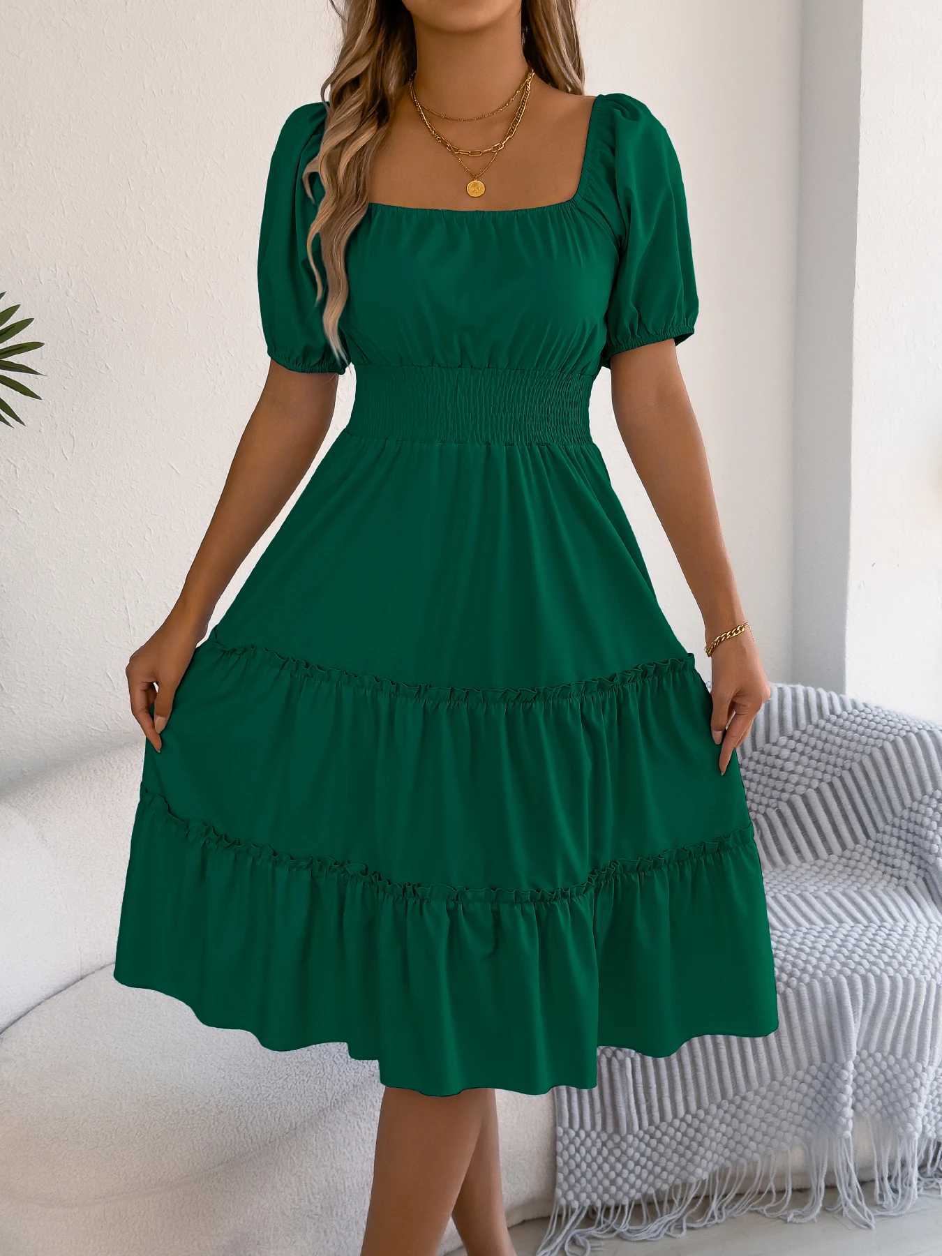 Summer Casual Solid Color Ruffle A-Line Dress Square Neck Short Sleeve Women Dresses Khaki Blue Green XJ250814
