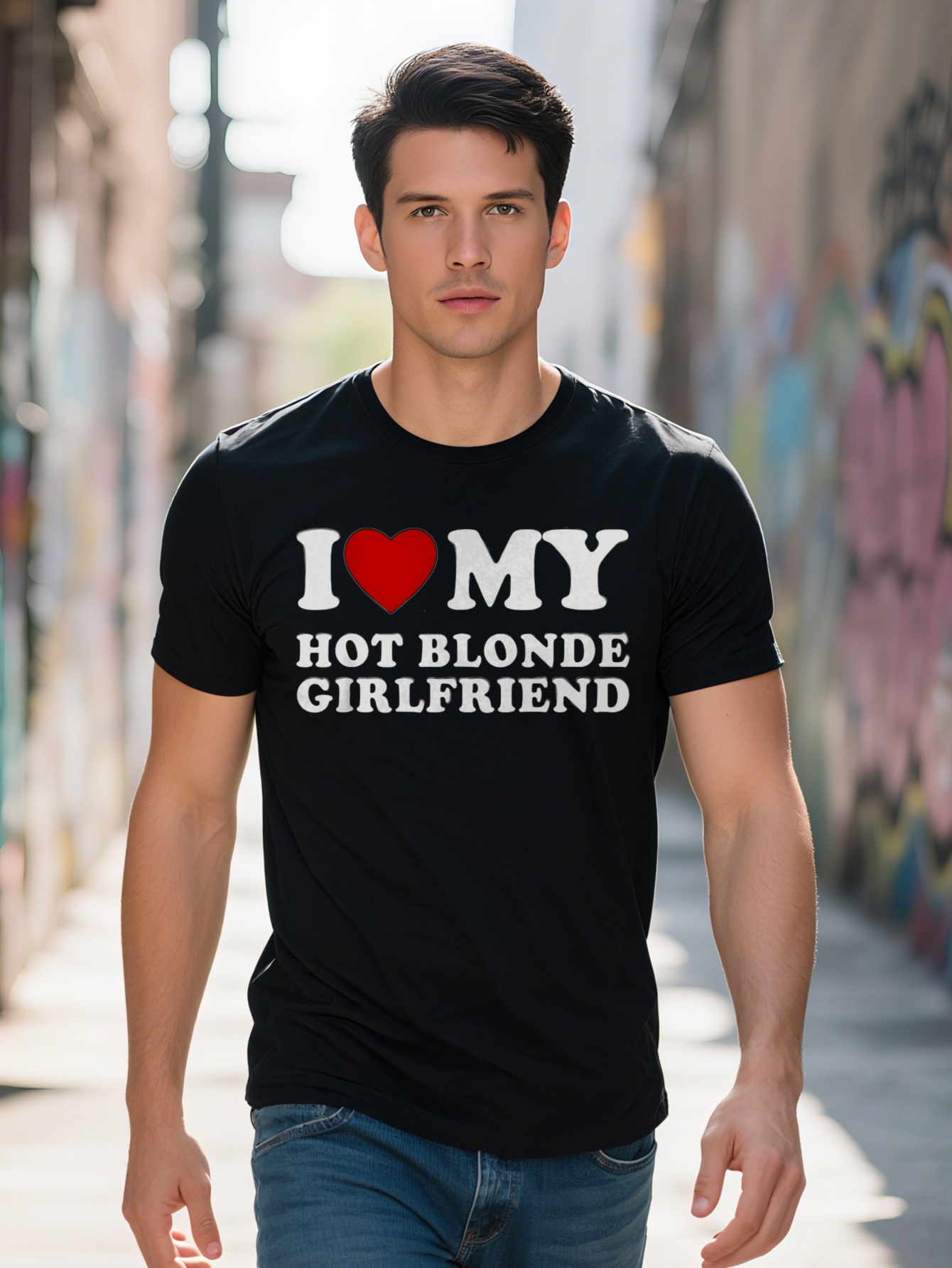 Men s Casual Graphic T-Shirt I Love My Hot Blonde Girlfriend Print with Red Heart Black Round Neck Summer Regular Fit