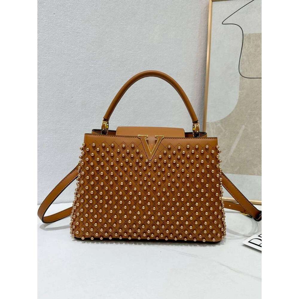 Designer Full Pearl Inlay PU Leather Handbag Women S Fashionable V Letter Single Shoulder Portable Messenger Bag