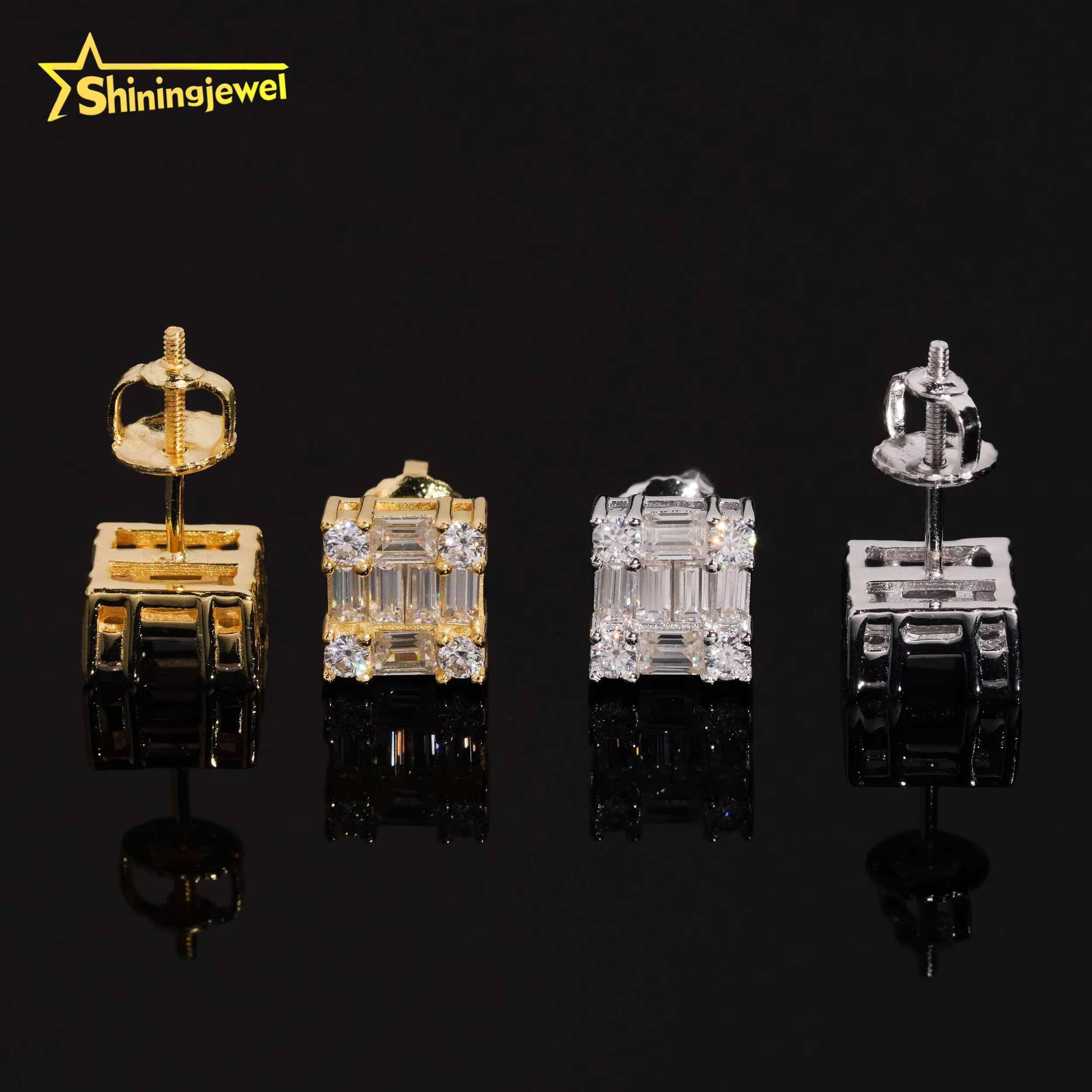 Jewelry Sier Emerald Cut Moissanite Dia Bling Special Design Iced Out Square Stud Earrings for Men