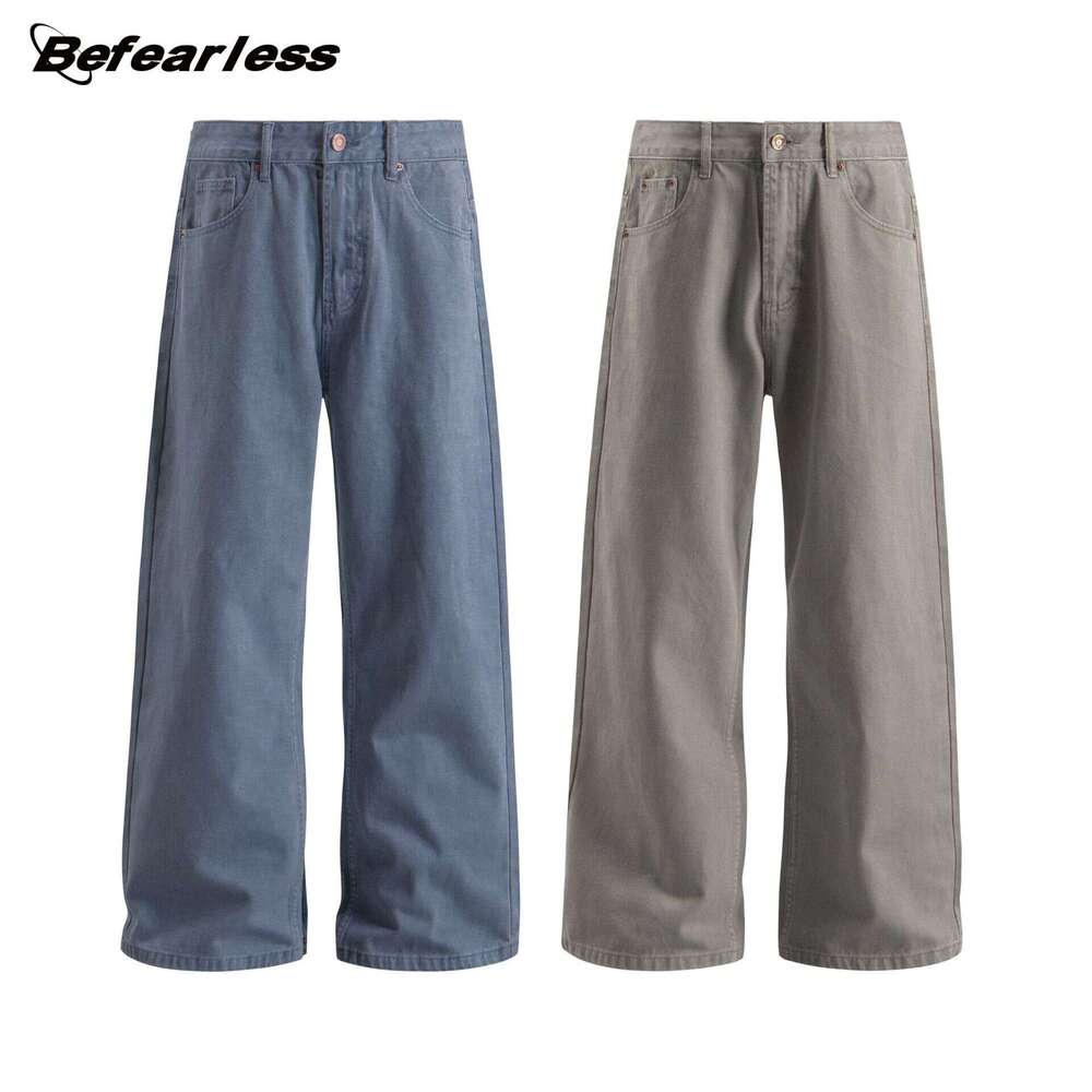 American Style Blue Flared Unisex Trendy Brand Washed Vintage Loose Straight Casual Pants B5