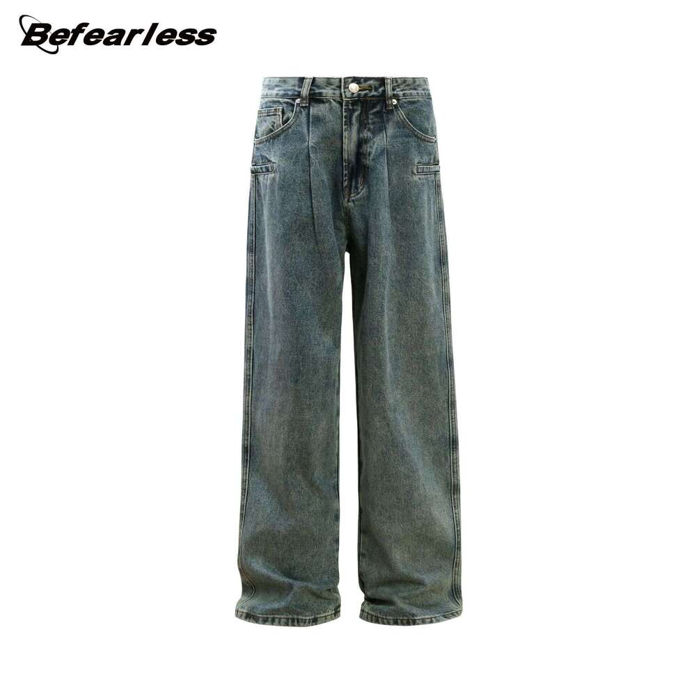 American Style Washed Vintage Loose Jeans Unisex Straight Vibe Wide Leg Pants B5