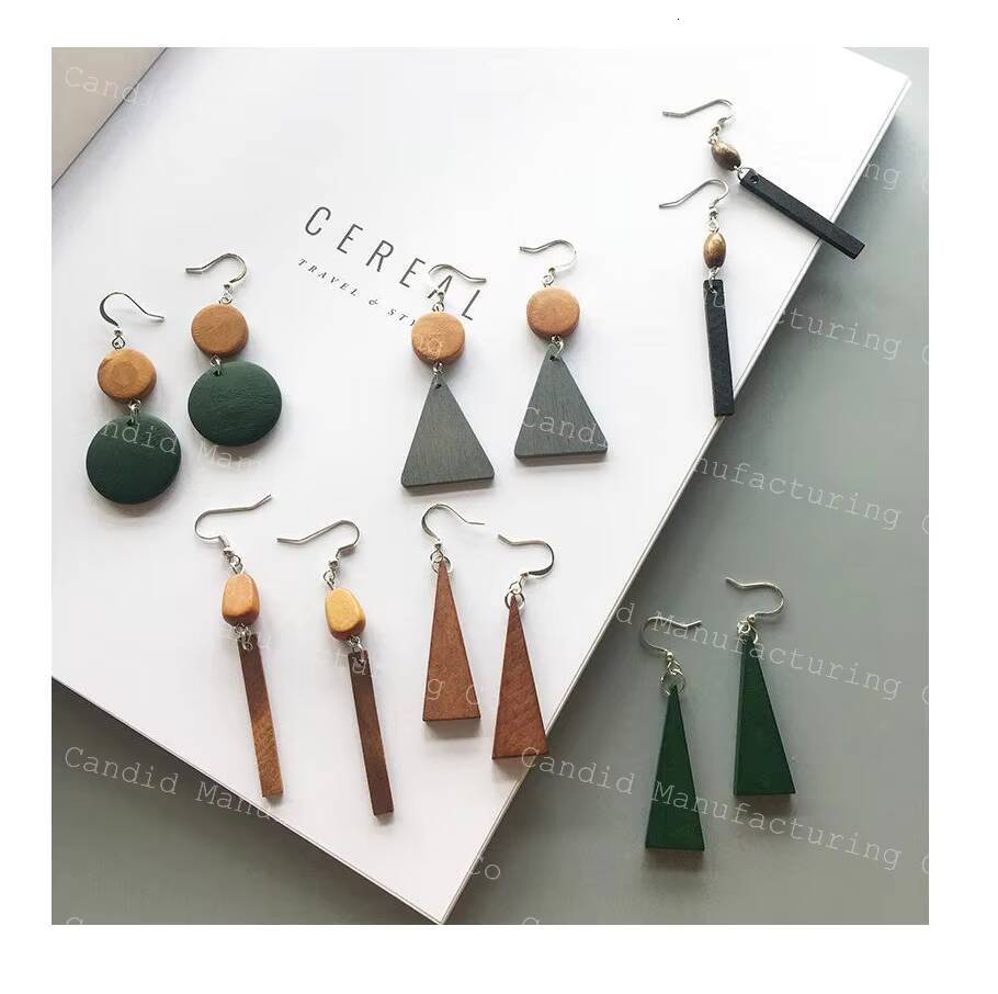 Korean Style Wood Color Contrast Geometric Earrings with Exaggerated Tassel Long Wooden Pearl Stone Accessories