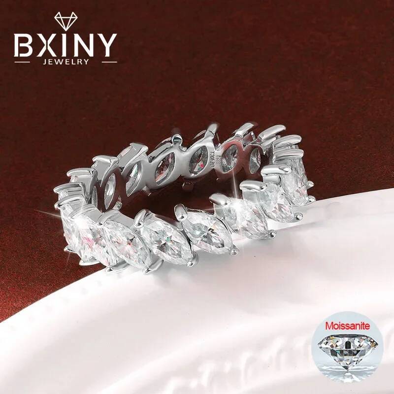 BXINY 3*6mm Marquise Cut Eternity Rings S925 Silver Plate 18K Gold GRA Certified Diamond For Women Men Wedding Band Gift Jewelry