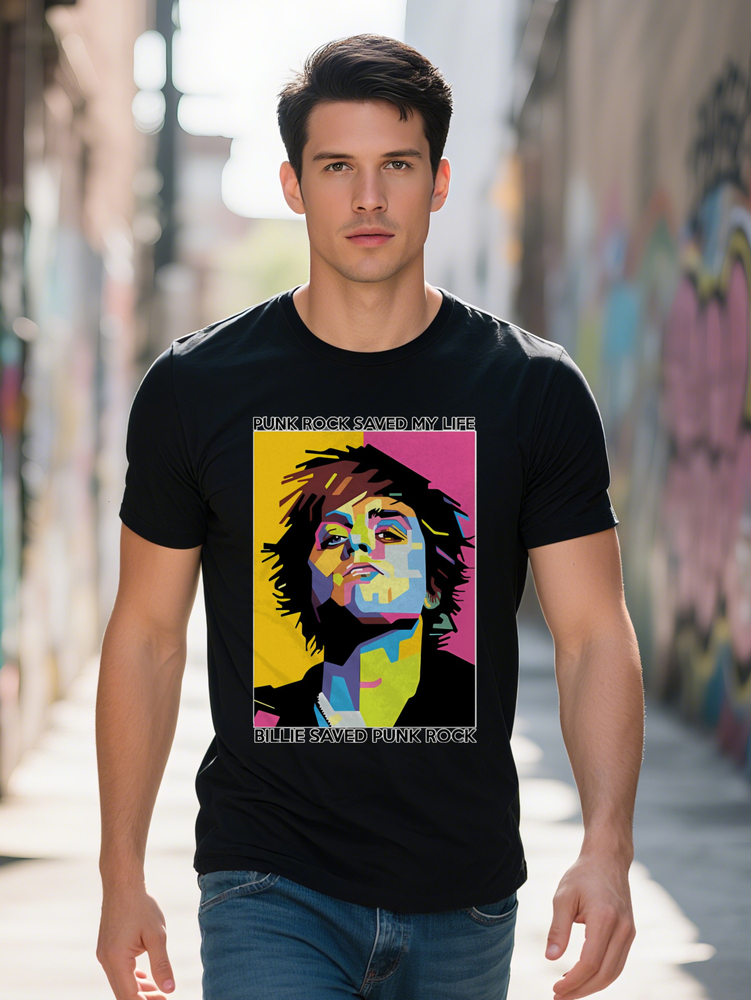 Men S Casual Crew Neck T-Shirt with Vibrant Geometric Print Punk Rock Saved My Life Quote Perfect for Summer