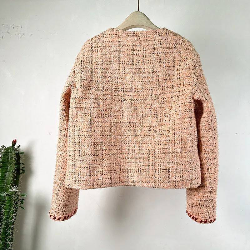 Autumn Winter Socialite Tweed Elegance Style Pink Women Single Breasted Round Neck with Pockets Short Coat