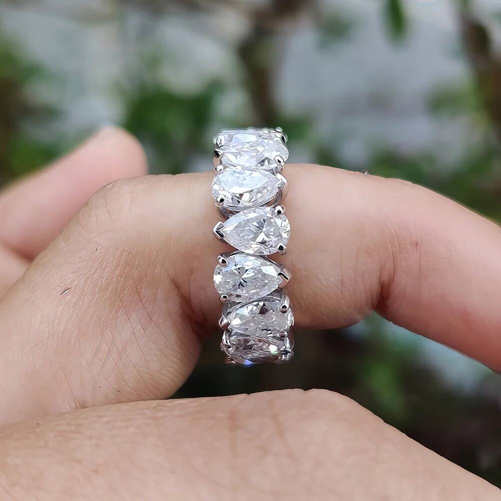 Waterdrop Moissanite Eternity Band Pear Cut Full Diamond Wedding Rings with GRA S925 Silver Stackable Wedding Ring for Women Men