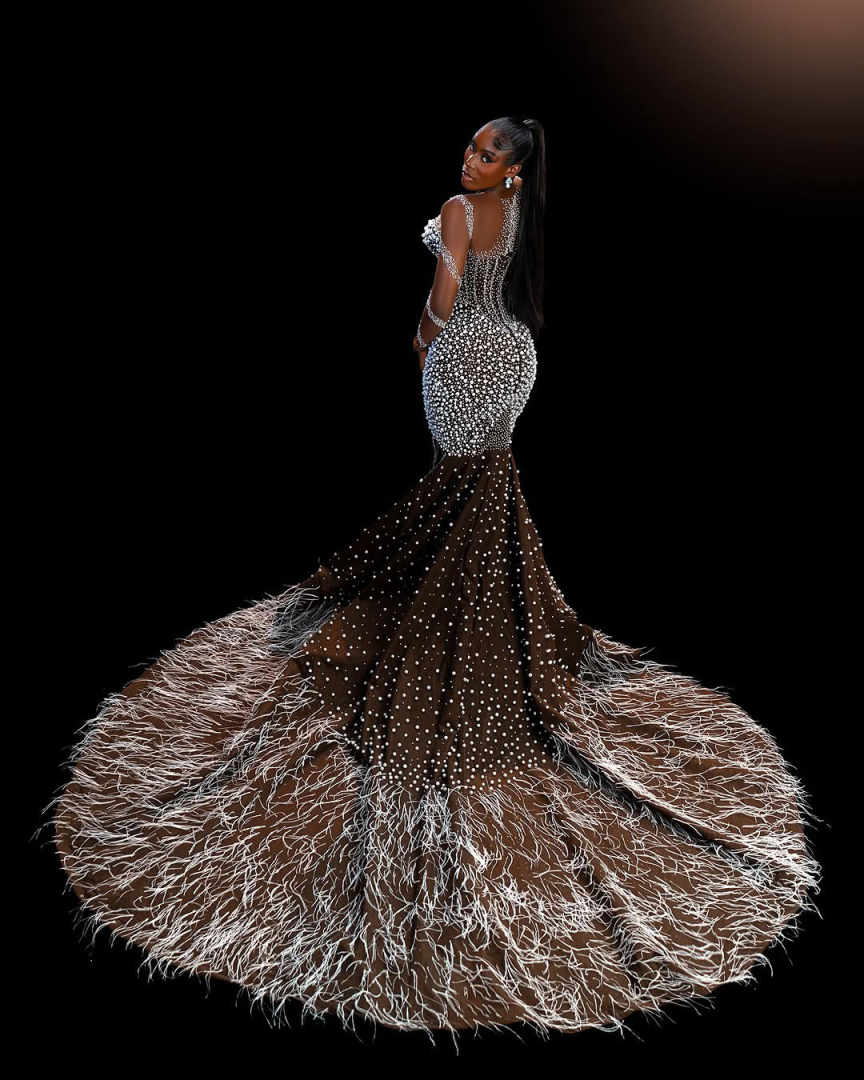 Sexy Mermaid Evening Dresses For Women Sheer Neck Long Sleeves Gown Pearls Beaded Feather Sweep Train Dress Party Customized Dress