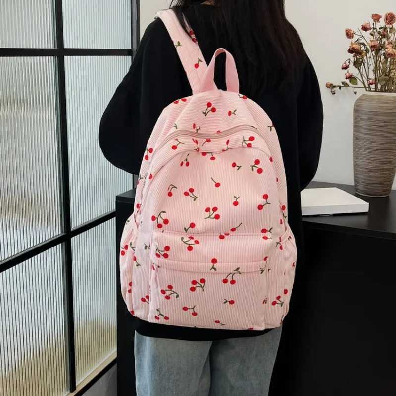 Corduroy Backpack Cherry Pattern Women Travel Daypack Adjustable Strap Laptop Backpack Zipper for Work Shopping School Backpacks XJ250814