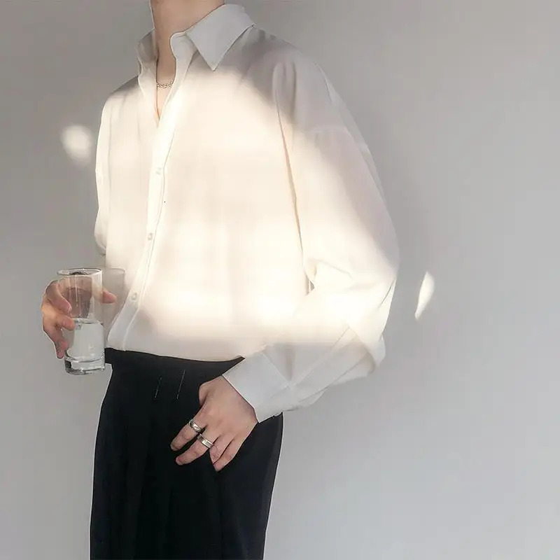 Mens Korean Youth Simplicity Loose Blouse Spring Polo Neck Long Sleeve Solid Temperament Shirt Tops Fashion Trend Men Clothing 250813