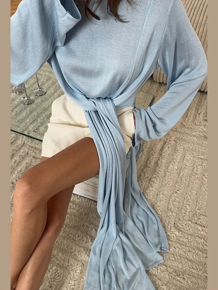 Chic Bow Lace Up Solid Sweater For Women Ribbons O-neck Full Flare Sleeve Tops 2025 Autumn Elegant Female Daily Casual Outerwear 250813