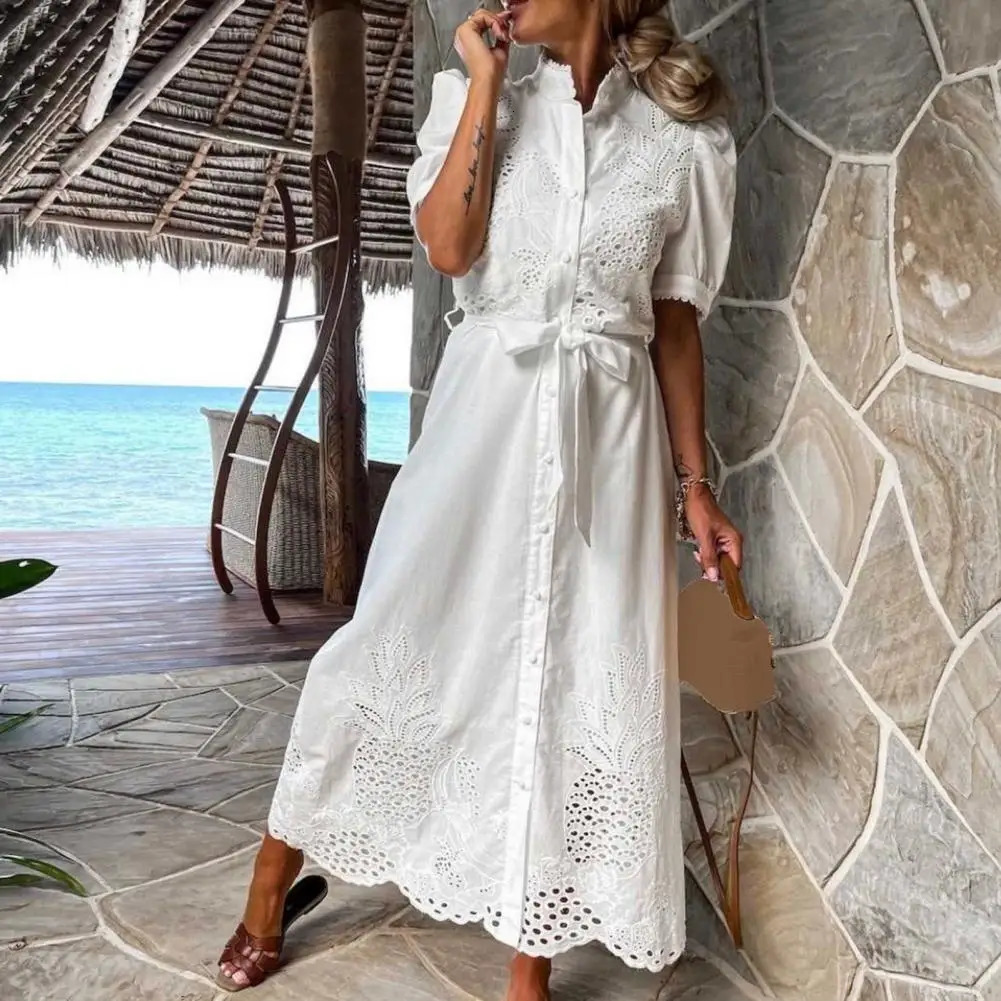Lace-up Women Shirt Dress Summer Elegant Single Breasted Puff Sleeve Maxi Dress Vestidos Bohemian Sundress Party Robe 250813