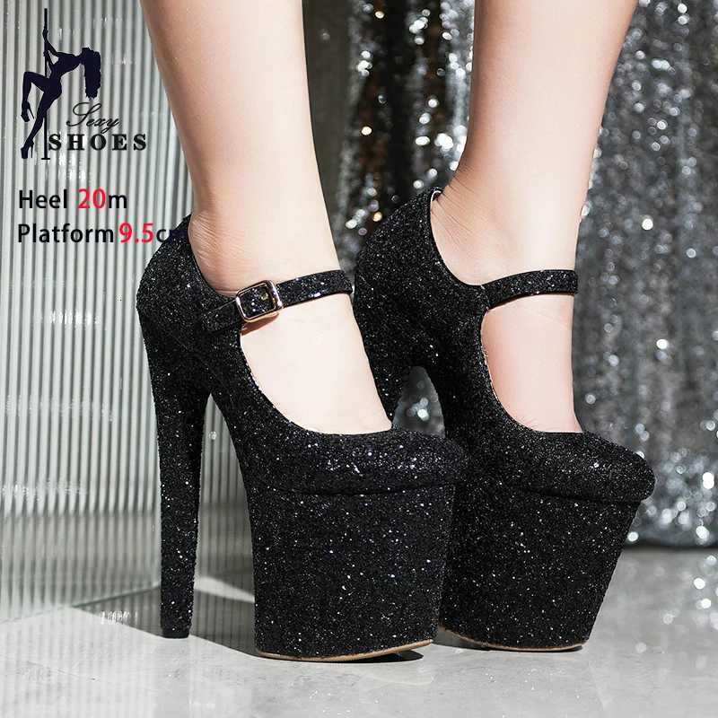 Female Sequin Pumps Fashion Buckle Strap Women Shallow Mouth Thin High Heels Nightclub Club 20CM Stripper Heels Pole Dance Shoes W250814