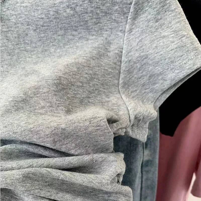 2025 vintage bow lace short sleeved T-shirt for women, Y K round fashion neck stitched design top for women, summer Korean slim fit cropped pants T-sh