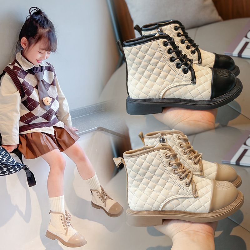 Girls Boots Kids Fashion Rubber Boots Toddler Elegant Plaid Girl Fall Winter Side Zip Boots for Children Princess PU Leather Shoe Sizes US9C-US4Y 0003