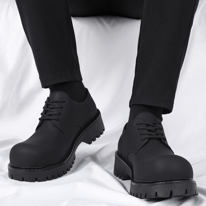 Derby for Men Spring New Black Matte Business Formal Versatile Height Increasing Thick Sole Round Large Toe Men's Leather Shoes