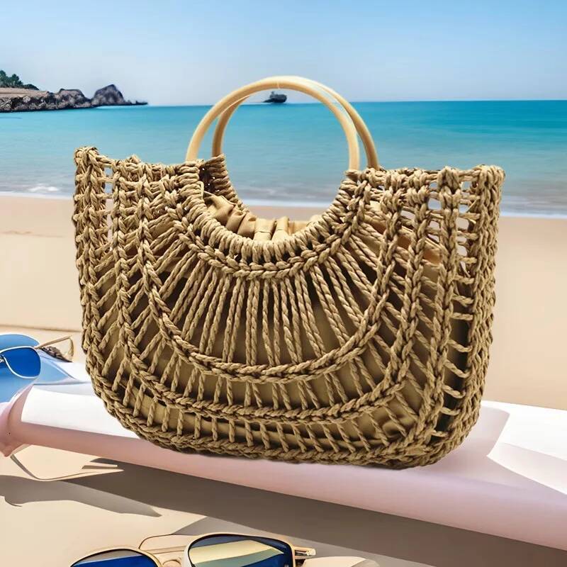 Summer Handbags Straw Beach Purses Large Capacity Woven Basket Holiday Hollowed Out Interior Round Handle Vegetable Tote Bag high-quality