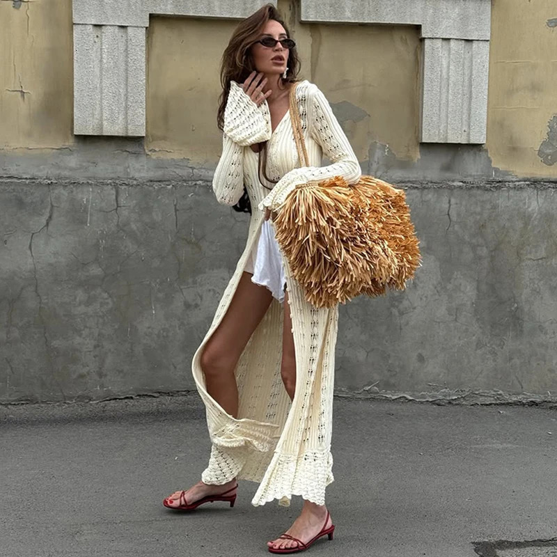 Tornova Fashion Hollow Knitted Dress For Women Flared Long Sleeve Casual Vacation Maxi Dress Summer Buttons Dress Knitwear 250813