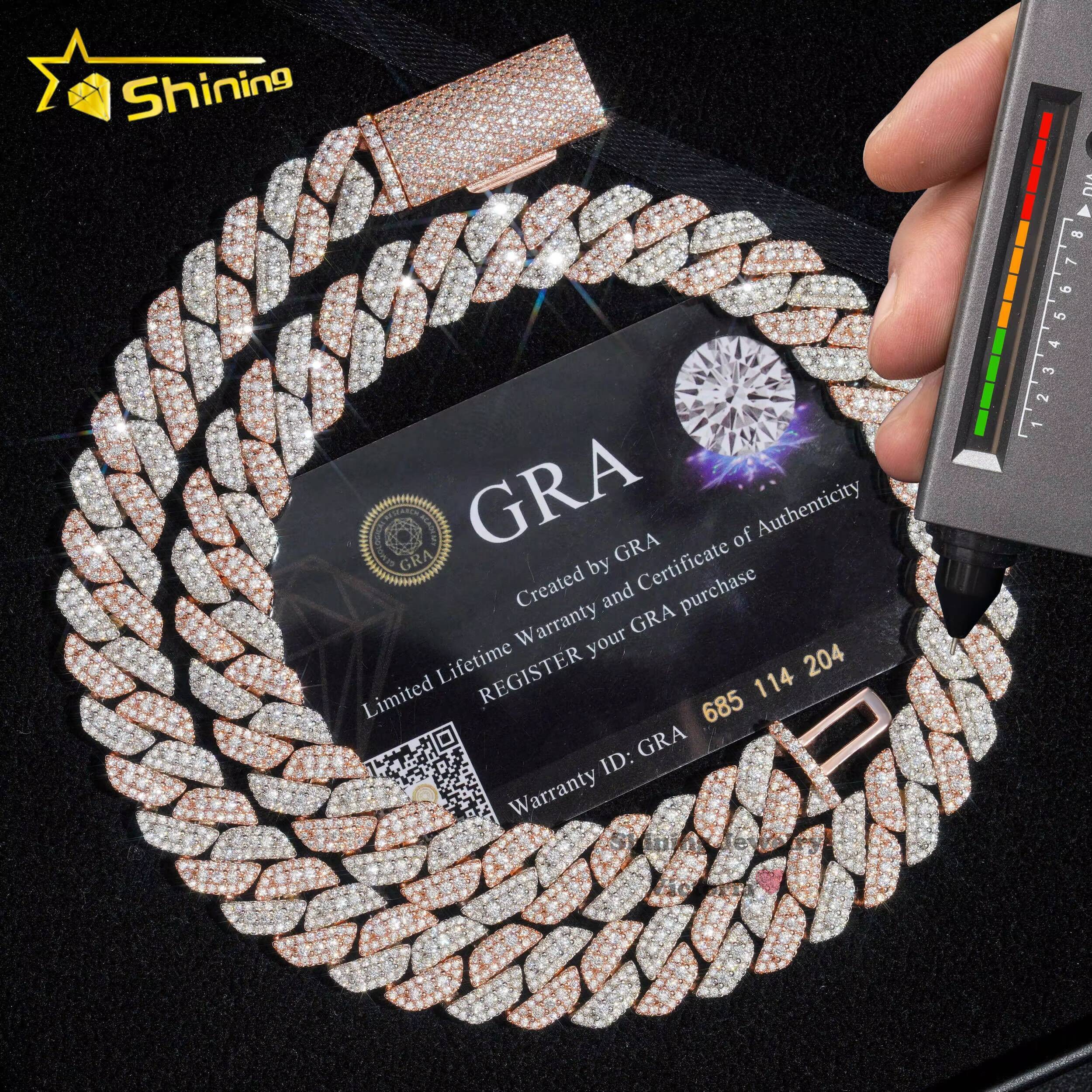 Rose Gold Plated Two Tone Iced Out 13mm Sterling Sier Pass Dia Tester Hip Hop Jewelry Vvs Moissanite Cuban Link Chain