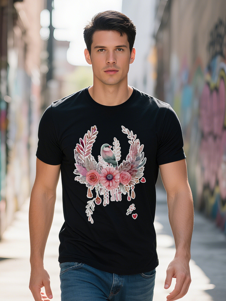 Short Sleeve T-Shirt with Bird Rose Floral Print Black Round Neck Summer Top Breathable and Washable Tee for