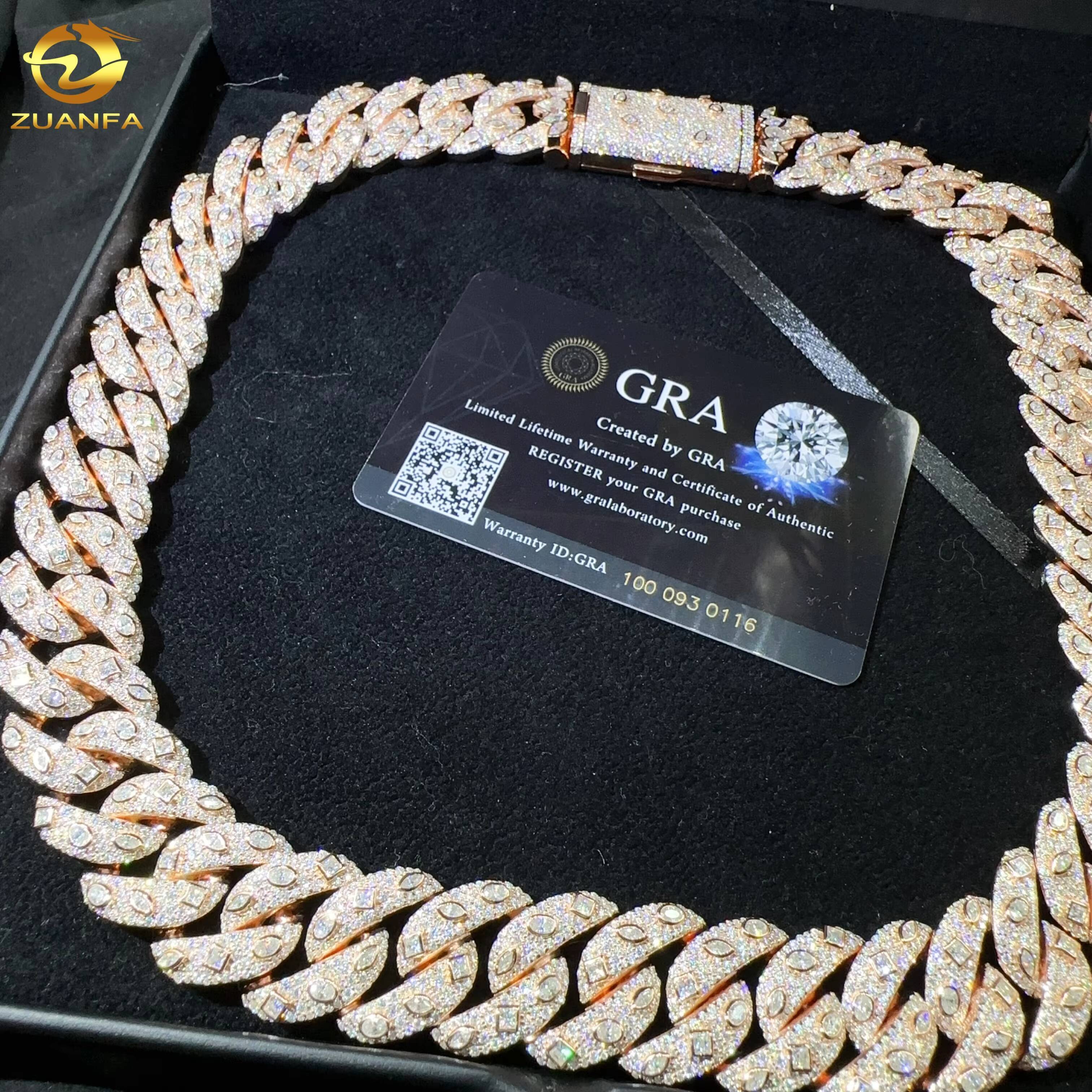 Hip Hop Jewelry Sterling Sier 20MM Necklace Iced Out VVS Moissanite Dia Miami Cuban Link Chain Gold Plated