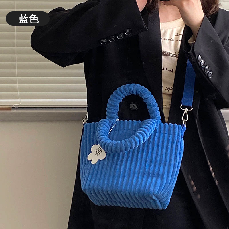 Autumn Winter New Corduroy Bucket Klein Blue Striped Handheld Tote Crossbody Bag for Women