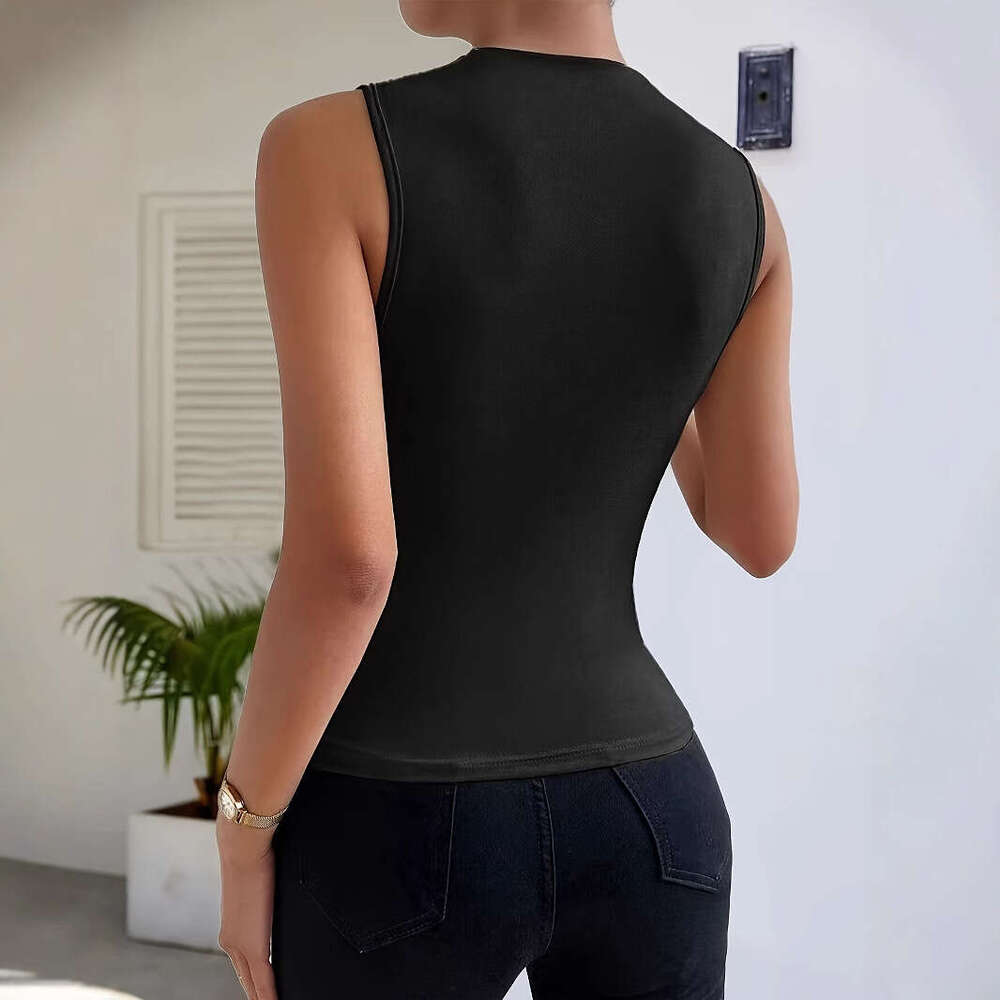 European 2025 Spring Summer New Fashion Versatile designer t shirt Solid Color Ruched Sleeveless Pullover Half High Neck T-Shirt