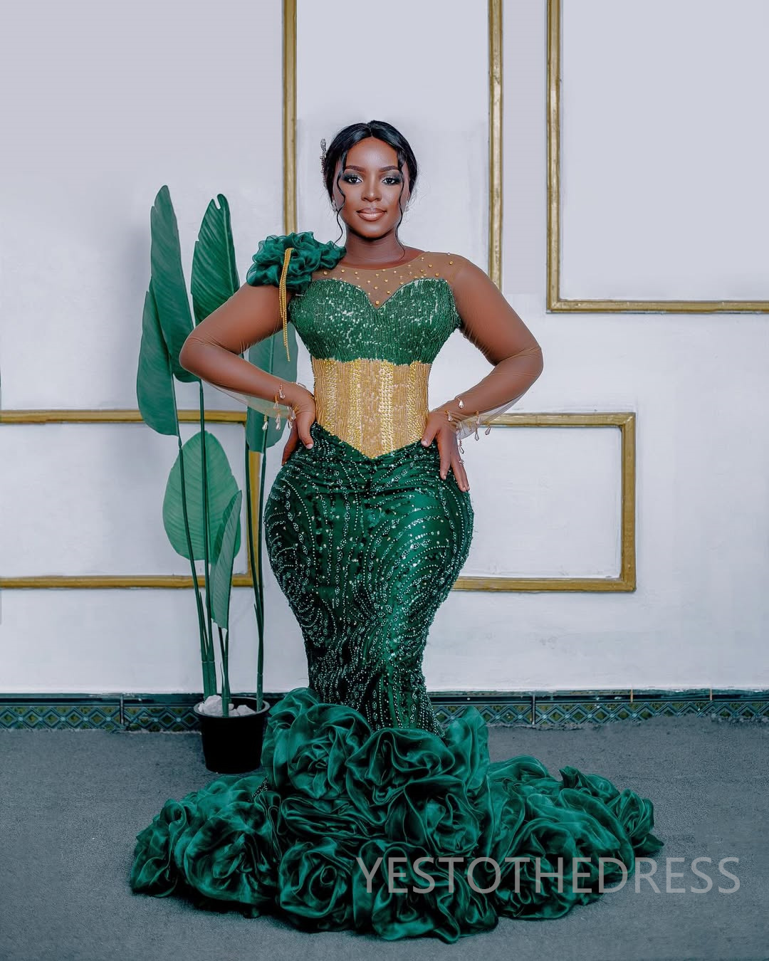 2025 Mermaid Plus Size Green Prom Dresses For Black Women Aso Ebi Illusion Sheer Neck Long Sleeves Appliqued Lace Beaded Birthday Dress Second Recepti