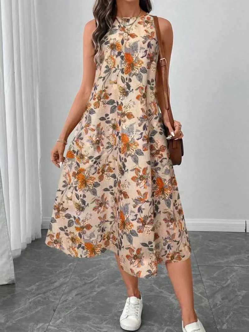 2025 Summer Womens Fashion New Floral Print Pocket A-line Dresses Casual O-neck Sleeveless Party Midi Dress Women Beach DressXJ250814