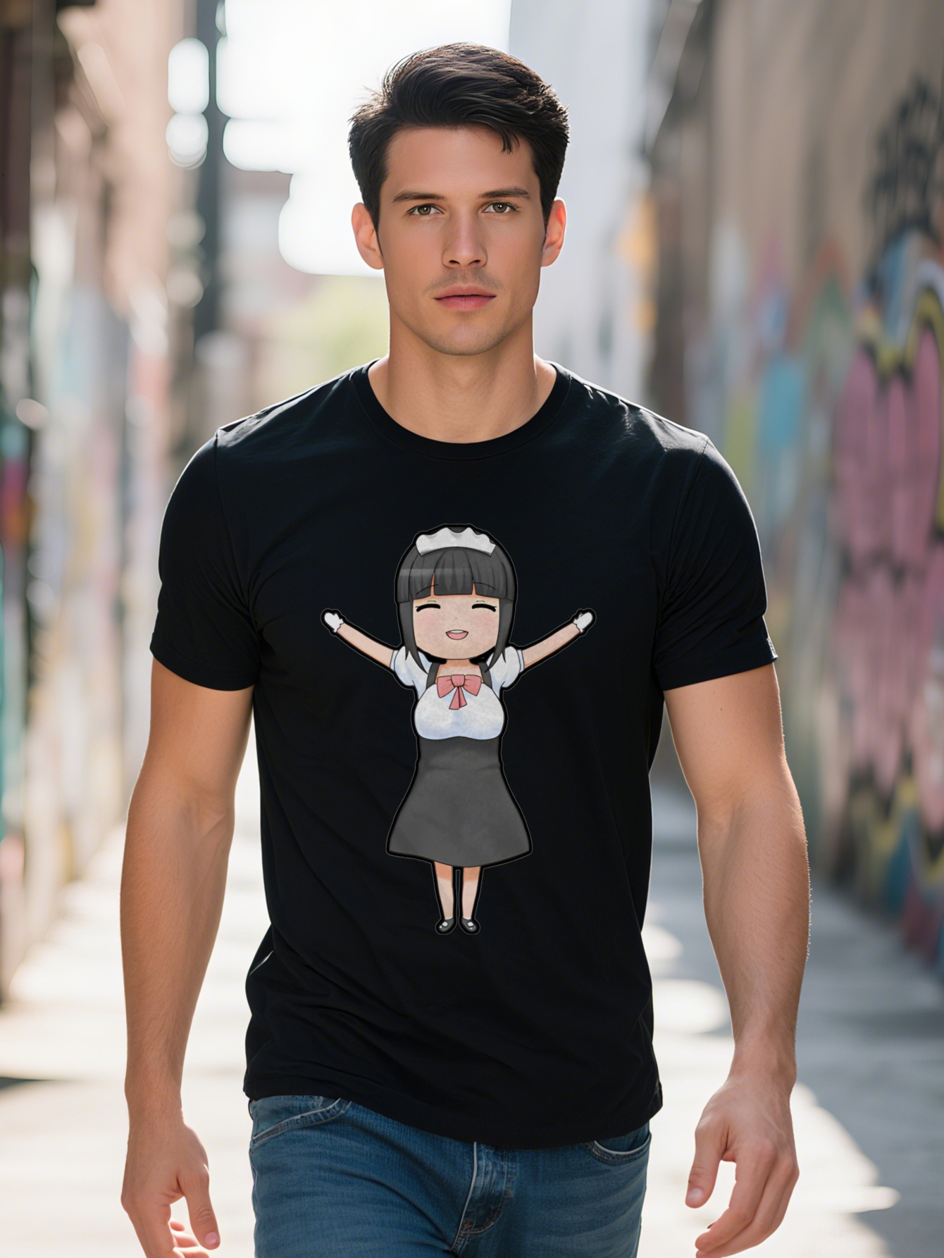 Short Sleeve T-Shirt with Chef Character Graphic Print Black Round Summer Top Regular Casual Attire Ideal Gift for