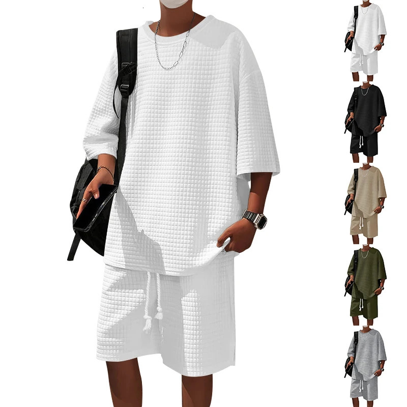 Summer Casual Shorts Set Knitted Two Piece Mens Clothing O-Neck Short Sleeve T-shirt and Shorts Streetwear Knit Outfits 250811