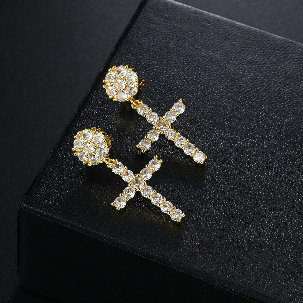 Male HipHop Ear Studs Full White Zircon Cross Stud Earrings For Men Women Punk Vintage Gold Silver Color Unisex Party Jewelry 250812