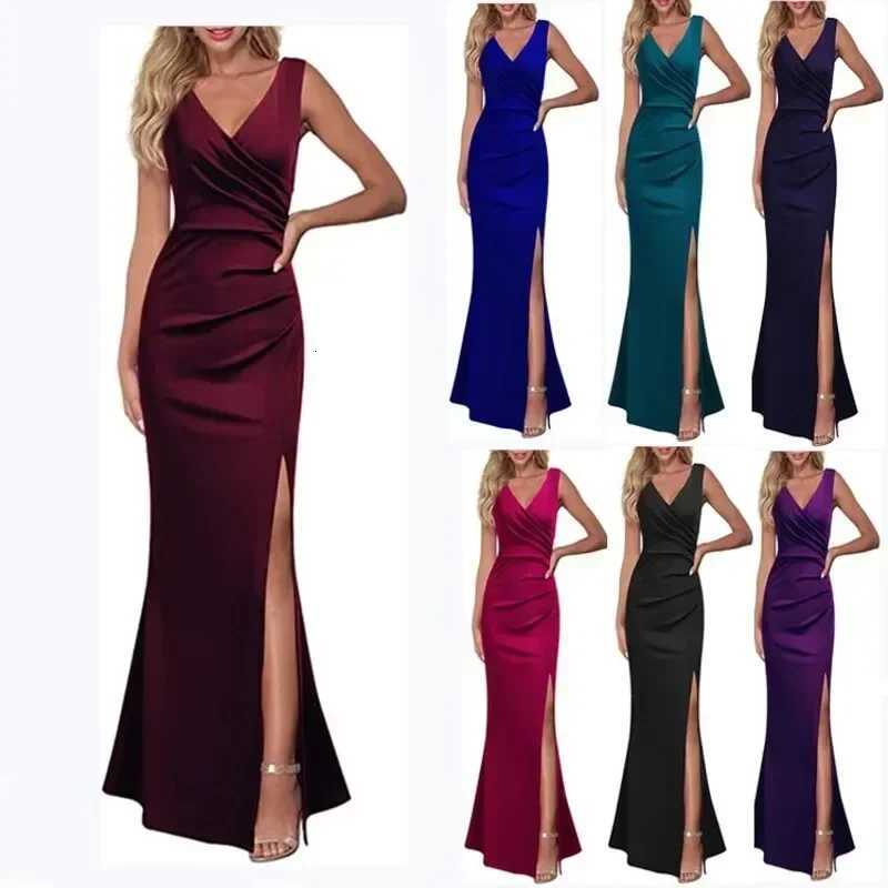 2023 Womens V-neck Sleeveless Maxi Dress Summer Party Dance Slim Side Slit Evening Dress Sexy Backless Ele Long Dress Partywear XJ250814
