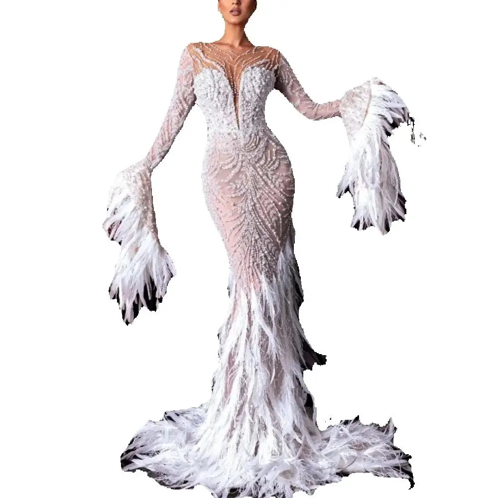 Illusion Sequined Lace Wedding Dresses Women Sexy Pearls Feathers Mermaid Bride Dresses Customized Sexy Floor Length Bridal Gown