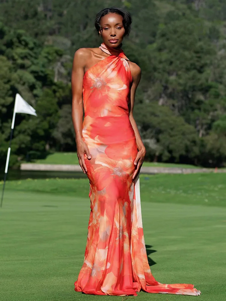 Satin Ribbon Halter Long Dress Women Elegant Sleeveless Backless Waist Cinching Dragging Evening Dresses Chic Ladies Vestido 250813