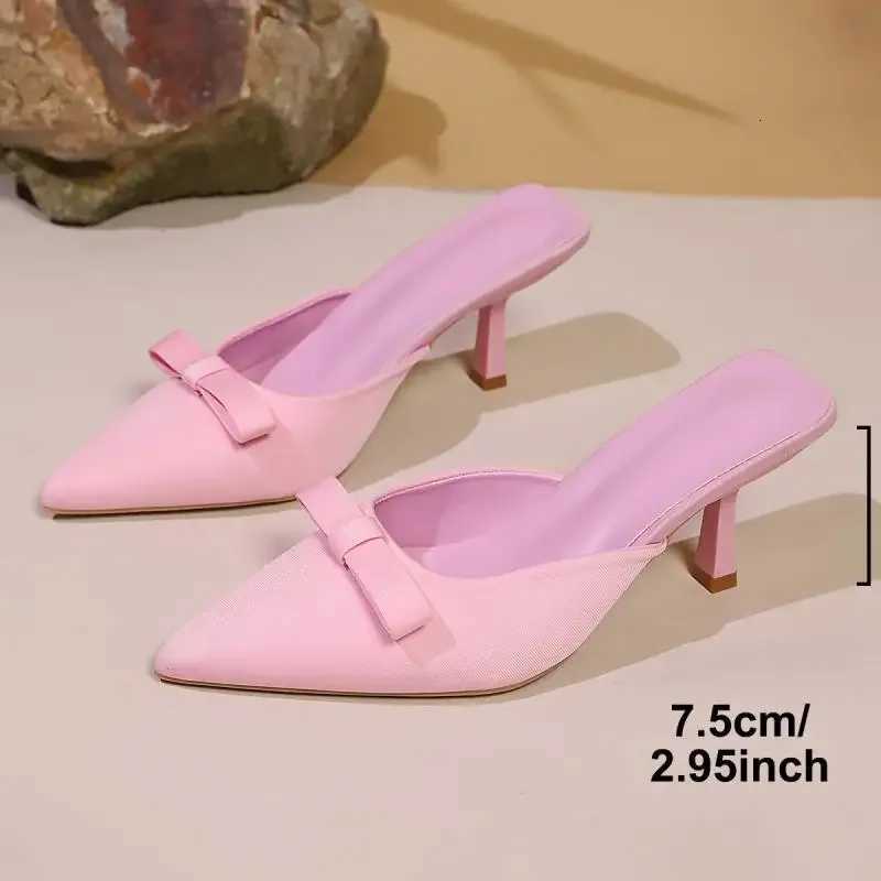 Pointed Toe Pink Bowtie High Heels Mules Shoes Woman Slip On Thin Heeled Princess Pumps Women Sweet Summer 2025 Sandals Mujer W250814